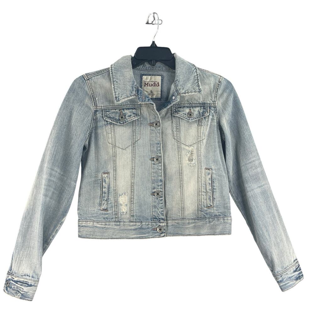 Y2K Mudd Womens Denim Jacket Blue Jean Large 100% Cotton Ripped Western Rodeo